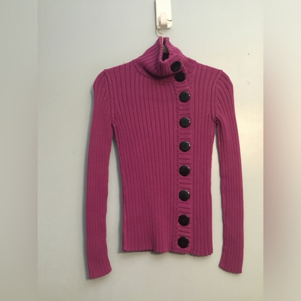 Moda International Ribbed Button-Front Turtleneck Sweater - Magenta - Picture 3 of 9